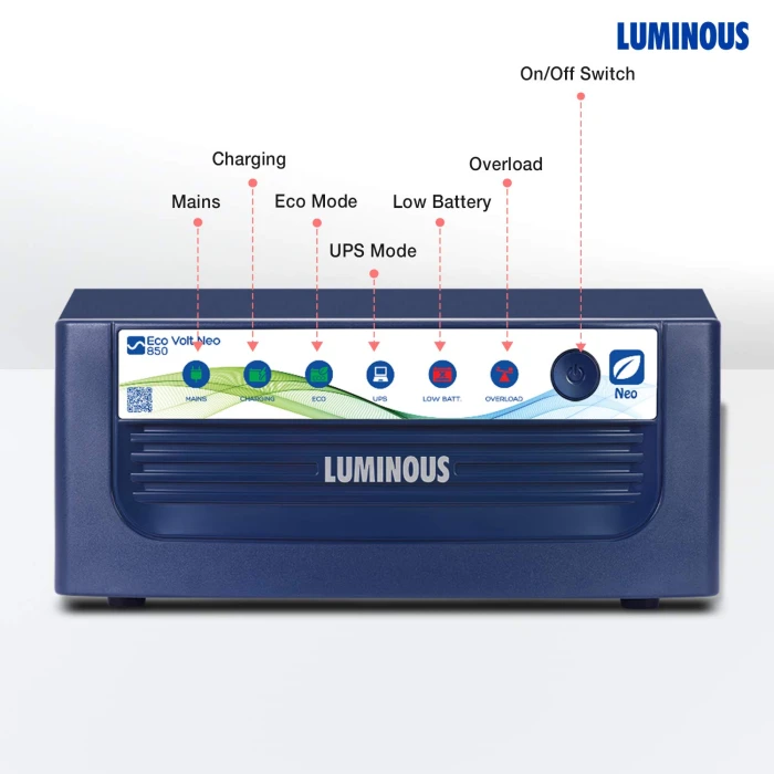 Luminous Eco Volt Neo 850 Pure Sine Wave 700VA/12V Inverter for Home, Office and Shops (Supports 1 Inverter Battery of 12V)
